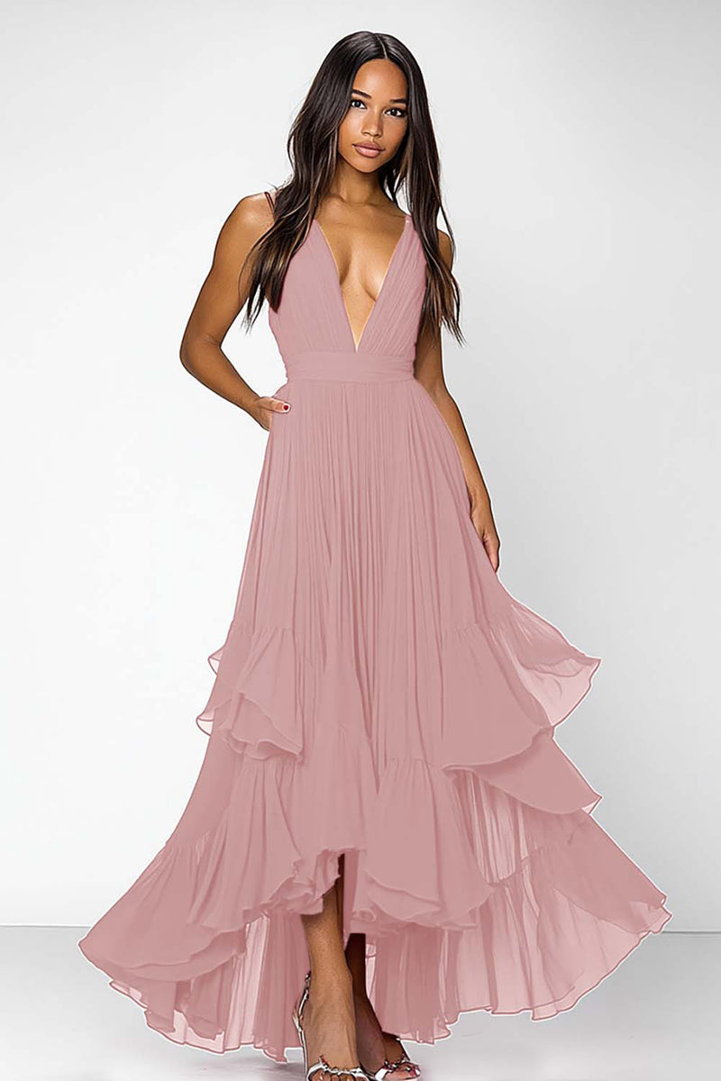 Laden Sie das Bild in den Galerie-Viewer, Rotes Ballkleid mit tiefen V-Ausschnitten und Rüschen in A-Linie