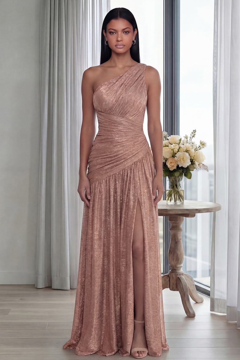 Laden Sie das Bild in den Galerie-Viewer, Golden Einschulteriges Falten Langes Festkleid mit Schlitz