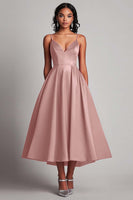 Laden Sie das Bild in den Galerie-Viewer, Rotes Teelänge A-Linie Satin Partykleid