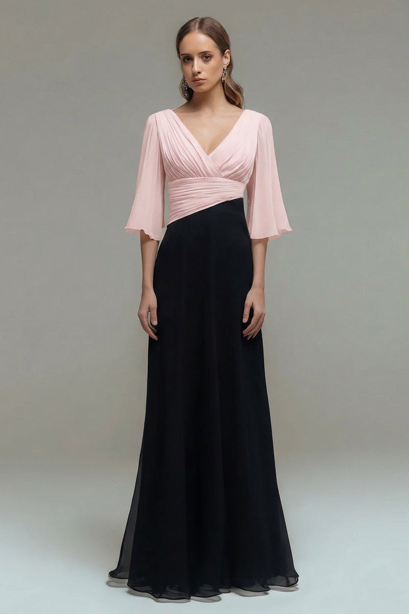 Laden Sie das Bild in den Galerie-Viewer, Schwarz Weiß Chiffon Plissee A-Linie V-Ausschnitt Formelles Kleid