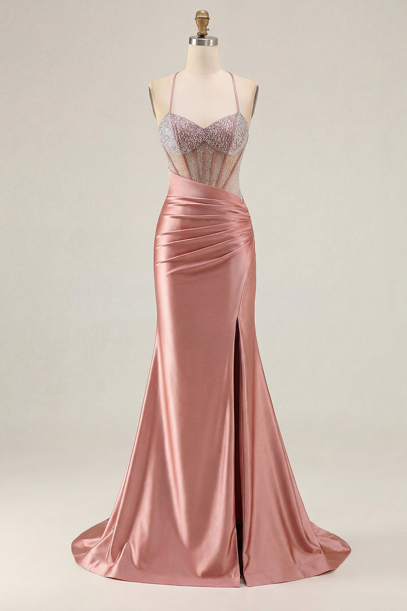Laden Sie das Bild in den Galerie-Viewer, Rosa Perlen Meerjungfrauen Spaghettiträger Korsett Gerafftes Langes Ballkleid mit Schlitz