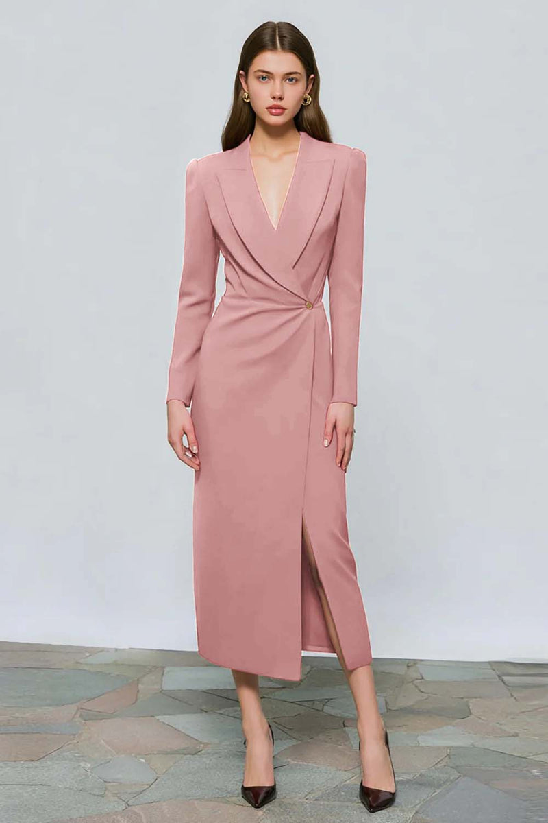 Laden Sie das Bild in den Galerie-Viewer, Rotes Langärmeliges Arbeitskleid mit Peak Revers und Schlitz