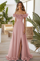 Laden Sie das Bild in den Galerie-Viewer, Schulterfreies Blaues A-Linie Ballkleid mit Schlitz