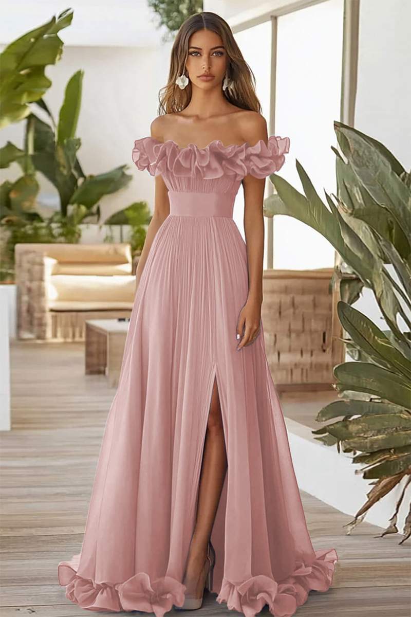 Laden Sie das Bild in den Galerie-Viewer, Schulterfreies Blaues A-Linie Ballkleid mit Schlitz