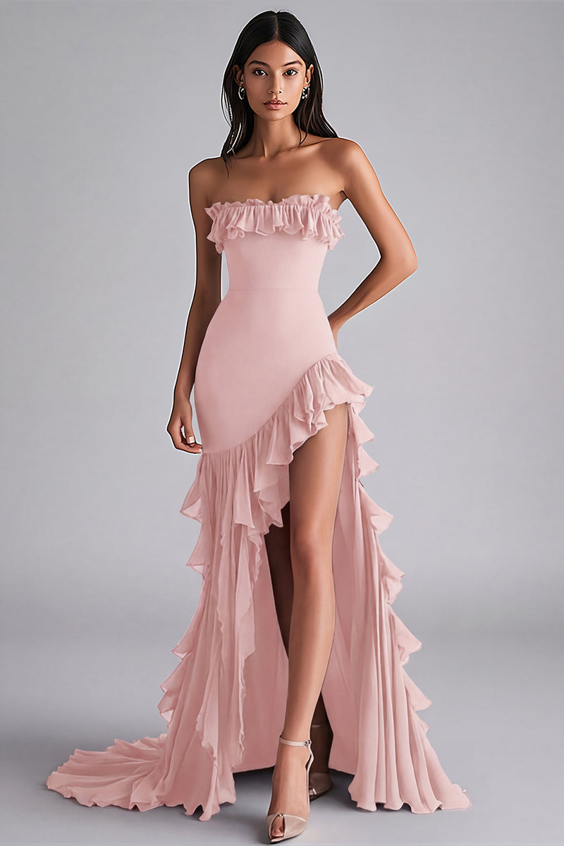 Laden Sie das Bild in den Galerie-Viewer, Schwarzes Meerjungfrau Trägerloses Ballkleid mit Rüschen und Schlitz