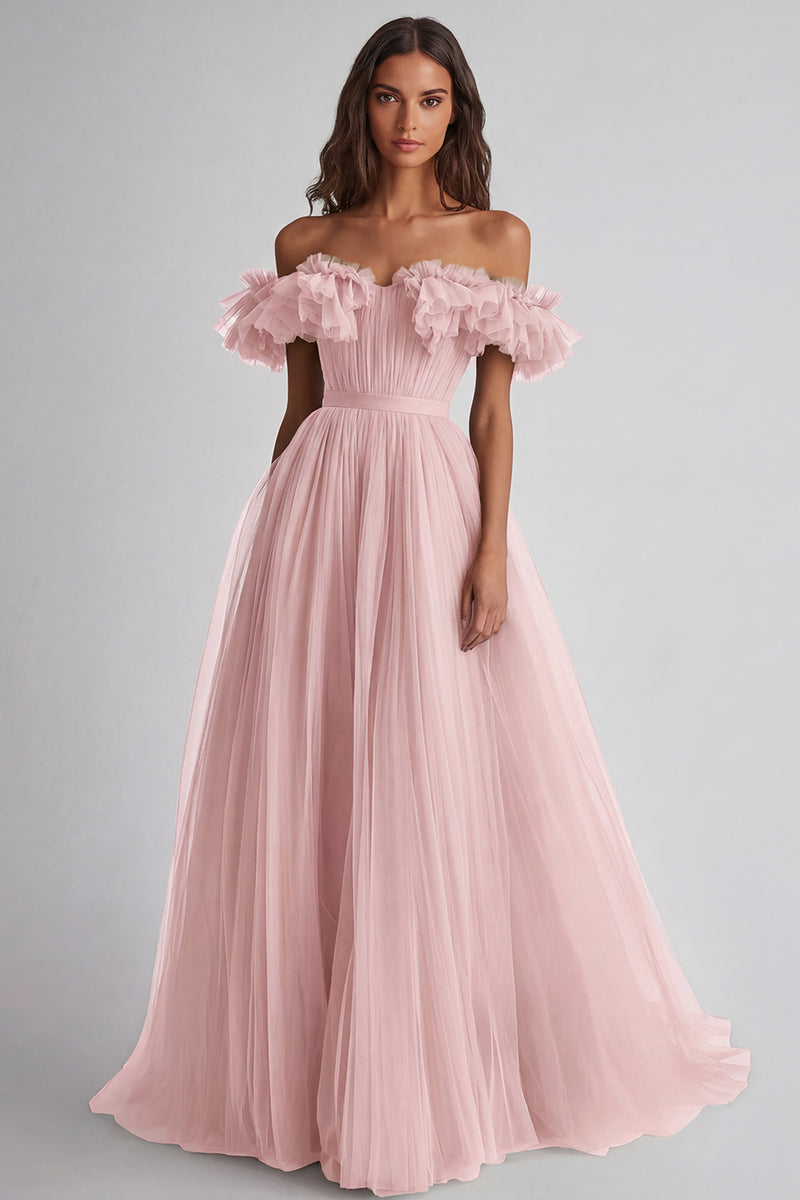Laden Sie das Bild in den Galerie-Viewer, Dusty Sage Schulterfreies Rüschen A Linie Abendkleid