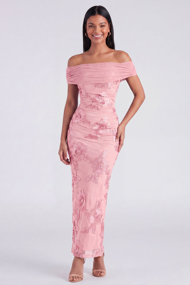 Laden Sie das Bild in den Galerie-Viewer, Off-the-shoulder gelbes, bodycon-appliquiertes Maxi-Blumenkleid mit Schlitz