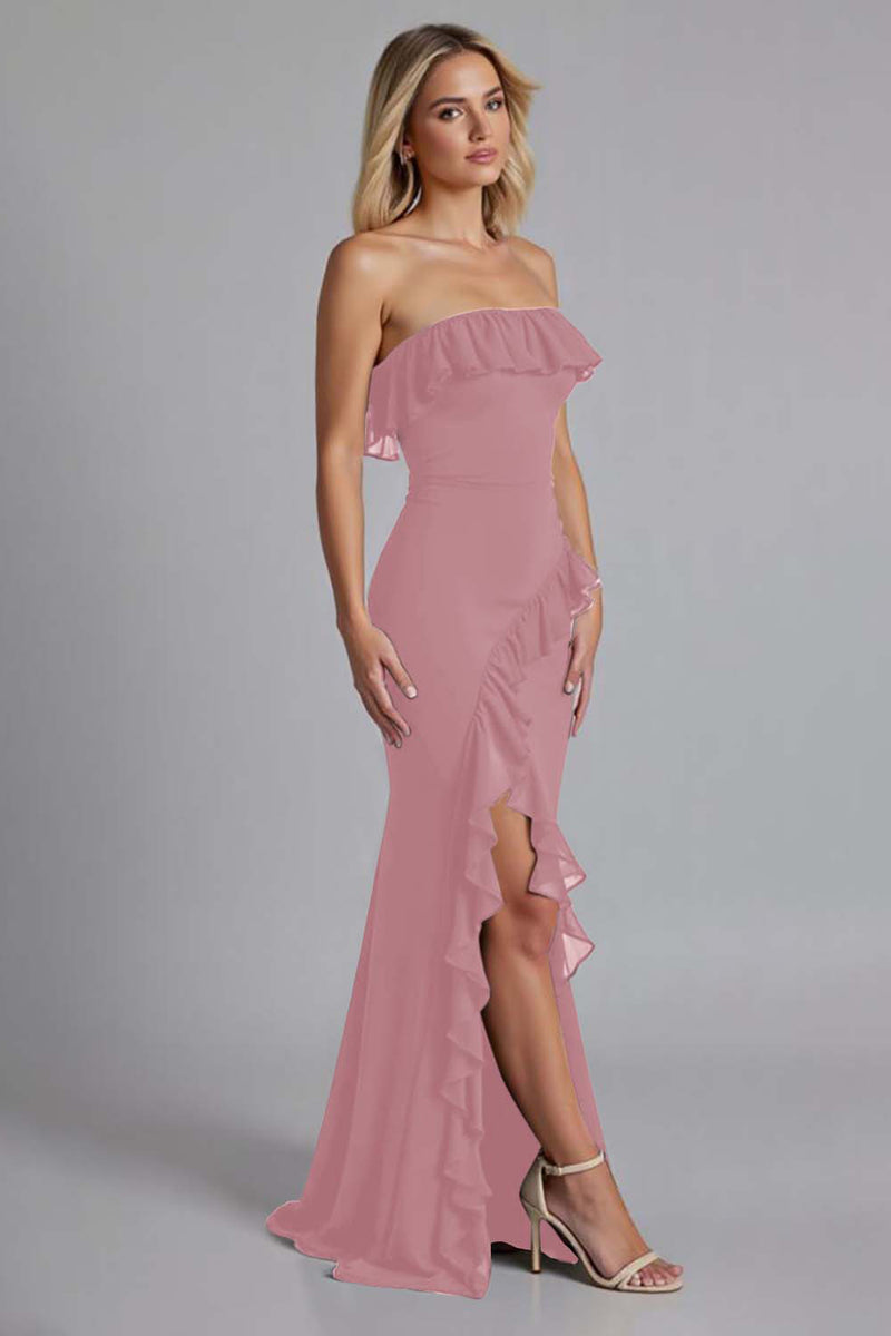 Laden Sie das Bild in den Galerie-Viewer, Schwarzes Schulterfreies Gerüschtes Langes Ballkleid mit Schlitz