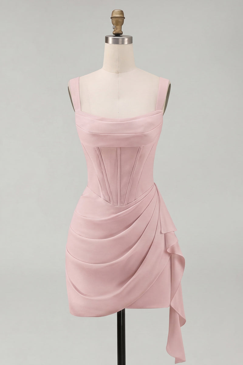 Laden Sie das Bild in den Galerie-Viewer, Tüll Elfenbein Korsett Quadratischer Ausschnitt Gerafftes Bodycon Mini Standesamt Kleid mit Rüschen