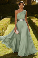 Laden Sie das Bild in den Galerie-Viewer, Eine Schulter Olive A-Linie Chiffon Maxi-Kleid