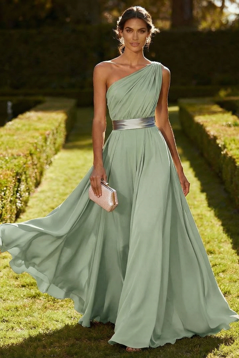 Laden Sie das Bild in den Galerie-Viewer, Eine Schulter Olive A-Linie Chiffon Maxi-Kleid
