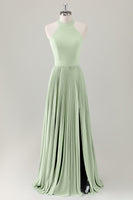 Laden Sie das Bild in den Galerie-Viewer, Grau Blau A-Linie Neckholder Langes Brautjungfernkleid mit Schlitz