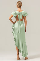 Laden Sie das Bild in den Galerie-Viewer, Olive A-Linie Satin Brautjungfernkleid mit V-Ausschnitt und Rüschenschlitz