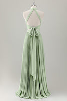 Laden Sie das Bild in den Galerie-Viewer, Grau Blau A-Linie Neckholder Langes Brautjungfernkleid mit Schlitz