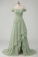 Laden Sie das Bild in den Galerie-Viewer, Schulterfreies Chiffon Buttergelbes A-Linie Gerafftes Maxikleid mit Schlitz