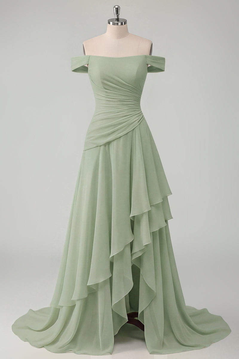 Laden Sie das Bild in den Galerie-Viewer, Schulterfreies Chiffon Buttergelbes A-Linie Gerafftes Maxikleid mit Schlitz
