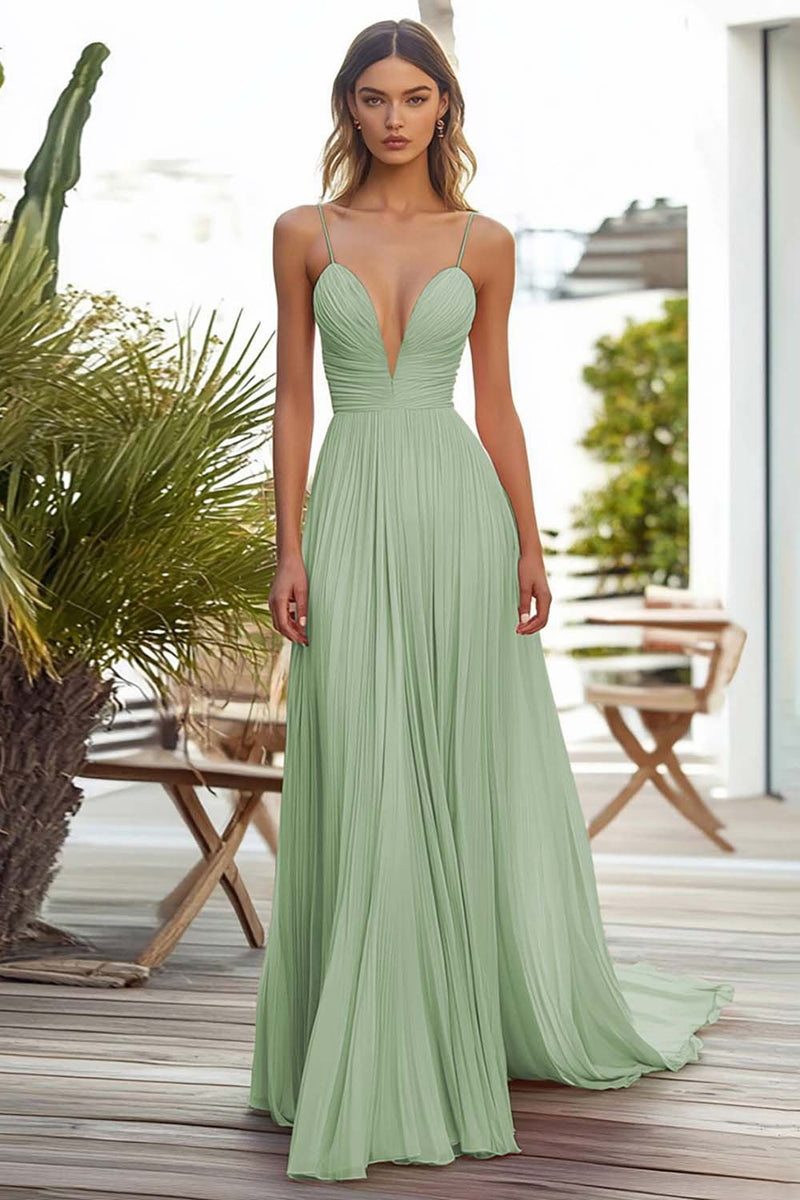 Laden Sie das Bild in den Galerie-Viewer, Rosa A-Linie Plissee Langes Hochzeitsgastkleid