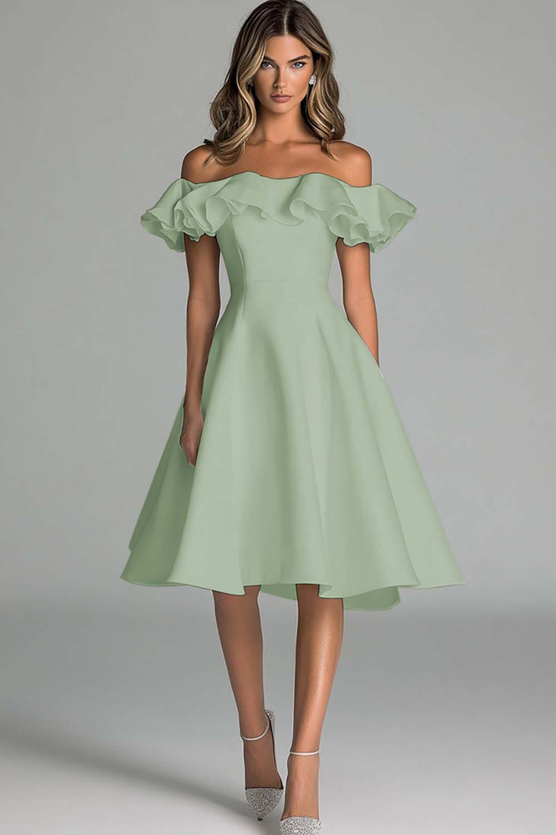 Laden Sie das Bild in den Galerie-Viewer, Weißes Schulterfreies Brautkleid in A-Linie mit Rüschen