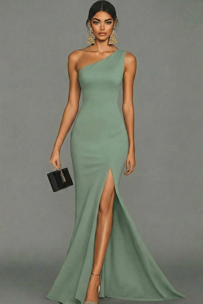 Laden Sie das Bild in den Galerie-Viewer, Meerjungfrau Schwarzes formelles One-Shoulder-Kleid mit Schlitz