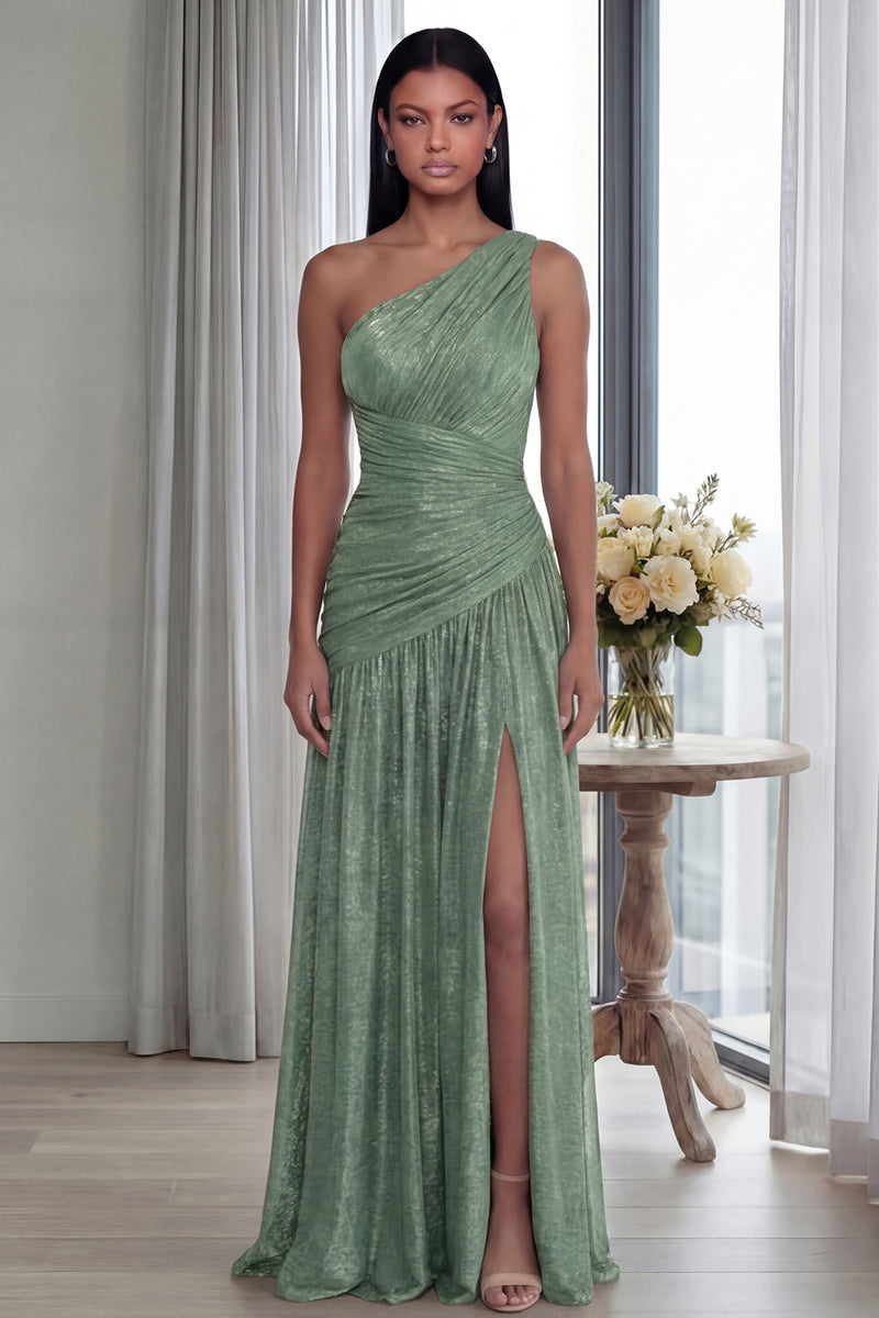 Laden Sie das Bild in den Galerie-Viewer, Golden Einschulteriges Falten Langes Festkleid mit Schlitz