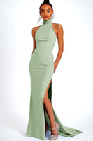 Laden Sie das Bild in den Galerie-Viewer, Himmelblaues Neckholder Satin Meerjungfrauen Ballkleid mit Schlitz