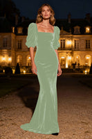 Laden Sie das Bild in den Galerie-Viewer, Marineblaues Meerjungfrau Quadratischer Ausschnitt Puffärmel Samt Langes Ballkleid