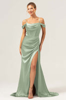 Laden Sie das Bild in den Galerie-Viewer, Kaffee Meerjungfrau Schulterkaltes Korsett Rüschen Langes Brautjungfernkleid mit Schlitz