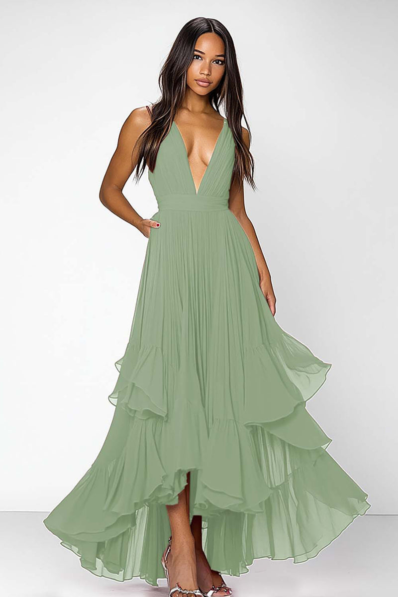 Laden Sie das Bild in den Galerie-Viewer, Rotes Ballkleid mit tiefen V-Ausschnitten und Rüschen in A-Linie