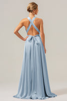 Laden Sie das Bild in den Galerie-Viewer, Rosa A-Linie Rückenfreies Satin Brautjungfernkleid mit V-Ausschnitt und Schlitz