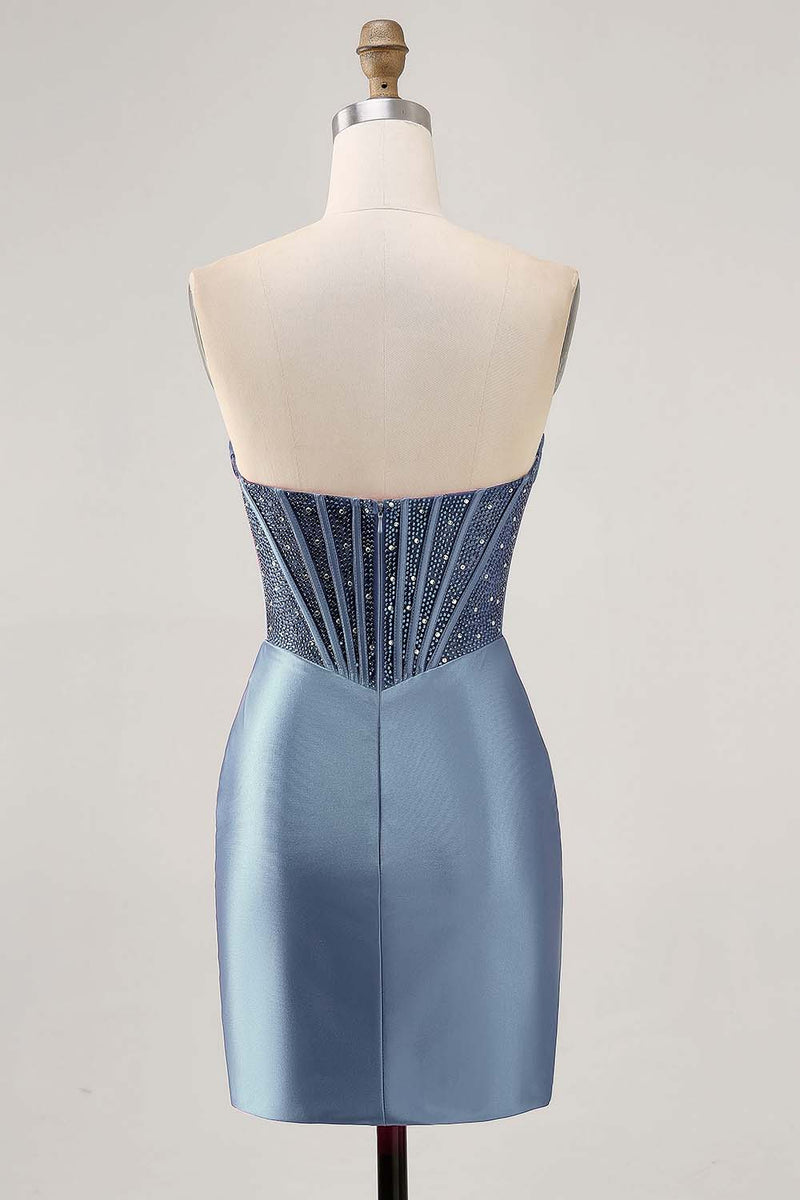 Laden Sie das Bild in den Galerie-Viewer, Glitzerndes Fuchsia Korsett Enges Kurzes Abiballkleid aus Satin