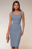 Laden Sie das Bild in den Galerie-Viewer, Marineblauer quadratischer Kragen-Bodycon-Midi-Arbeitskleid