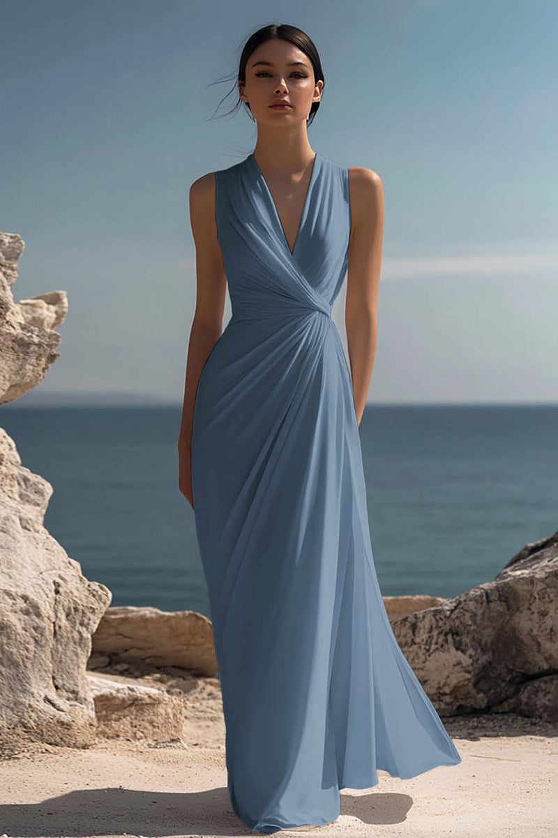 Laden Sie das Bild in den Galerie-Viewer, Weißes Langes Standesamtkleid mit V-Ausschnitt und Rüschen