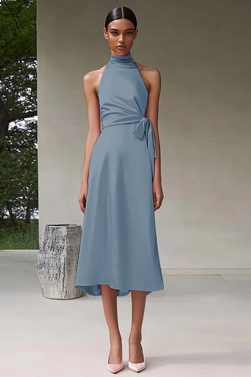 Laden Sie das Bild in den Galerie-Viewer, Rosa A-Linie Neckholder Teelänge Satin Partykleid