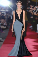 Laden Sie das Bild in den Galerie-Viewer, Etui Schwarz Weißes Langes Galakleid mit tiefem V-Ausschnitt