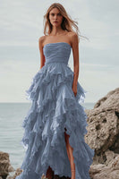 Laden Sie das Bild in den Galerie-Viewer, Fuchsia Trägerloses Langes Ballkleid mit Rüschen und Schlitz