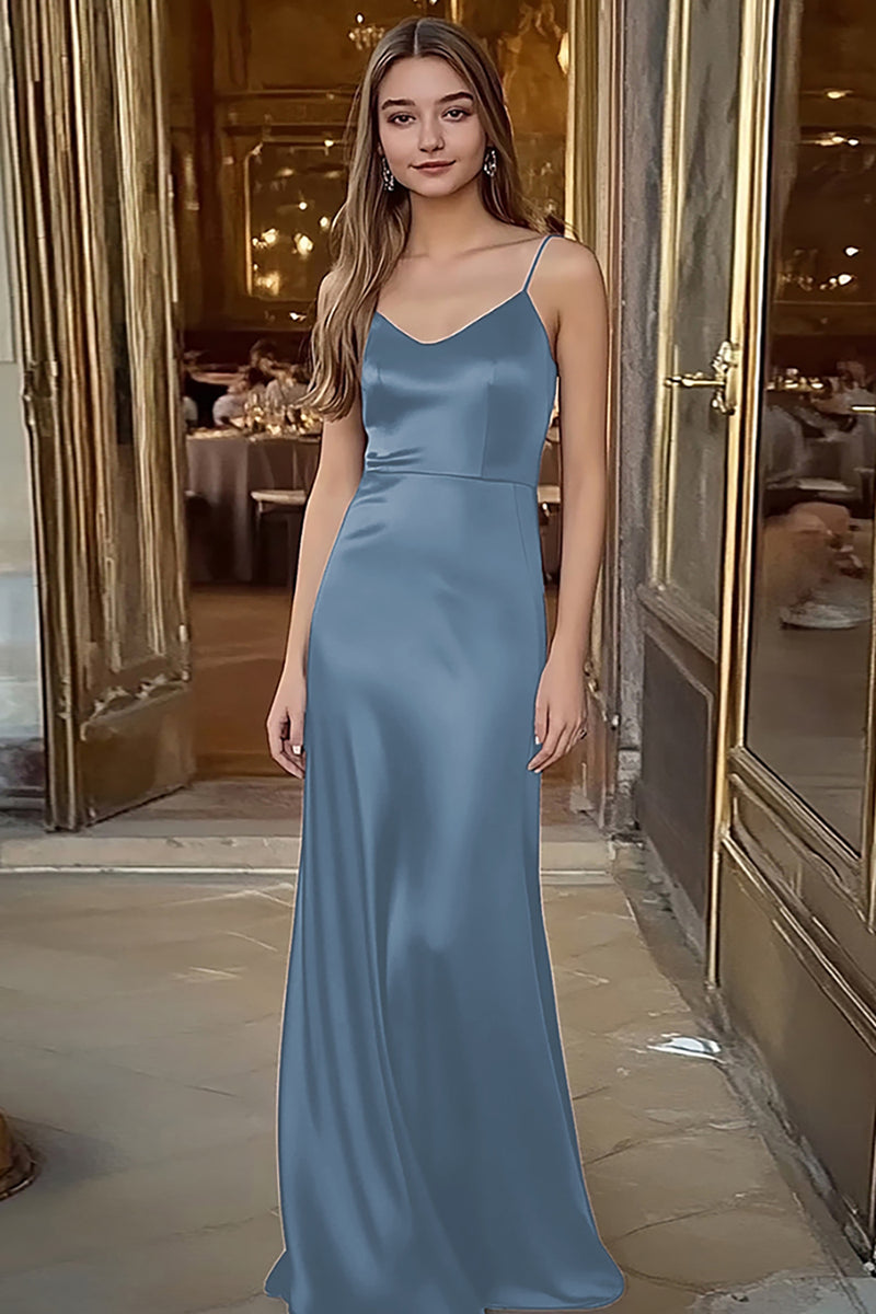 Laden Sie das Bild in den Galerie-Viewer, Spaghettiträger Kaffee Satin Langes Ballkleid