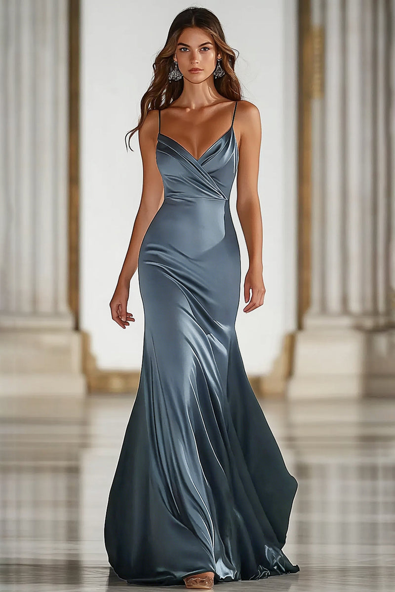 Laden Sie das Bild in den Galerie-Viewer, Dunkelgrünes Spaghettiträger Meerjungfrauen Satin Langes Militär Ballkleid