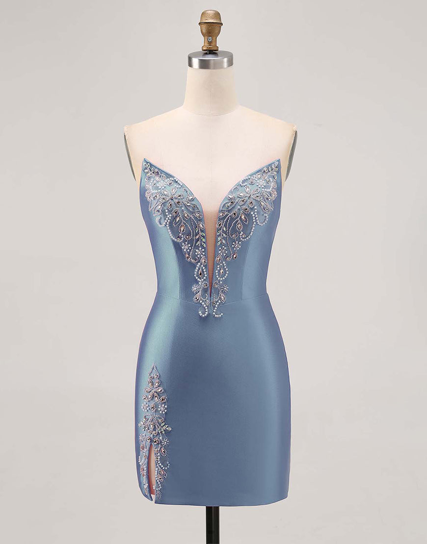 Laden Sie das Bild in den Galerie-Viewer, Fuchsia Trägerloses Perlenbesetztes Figurbetontes Abiballkleid mit Schlitz