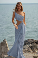 Laden Sie das Bild in den Galerie-Viewer, Weißes Etui Langes Boho Strandkleid mit einer Schulter und Rüschen