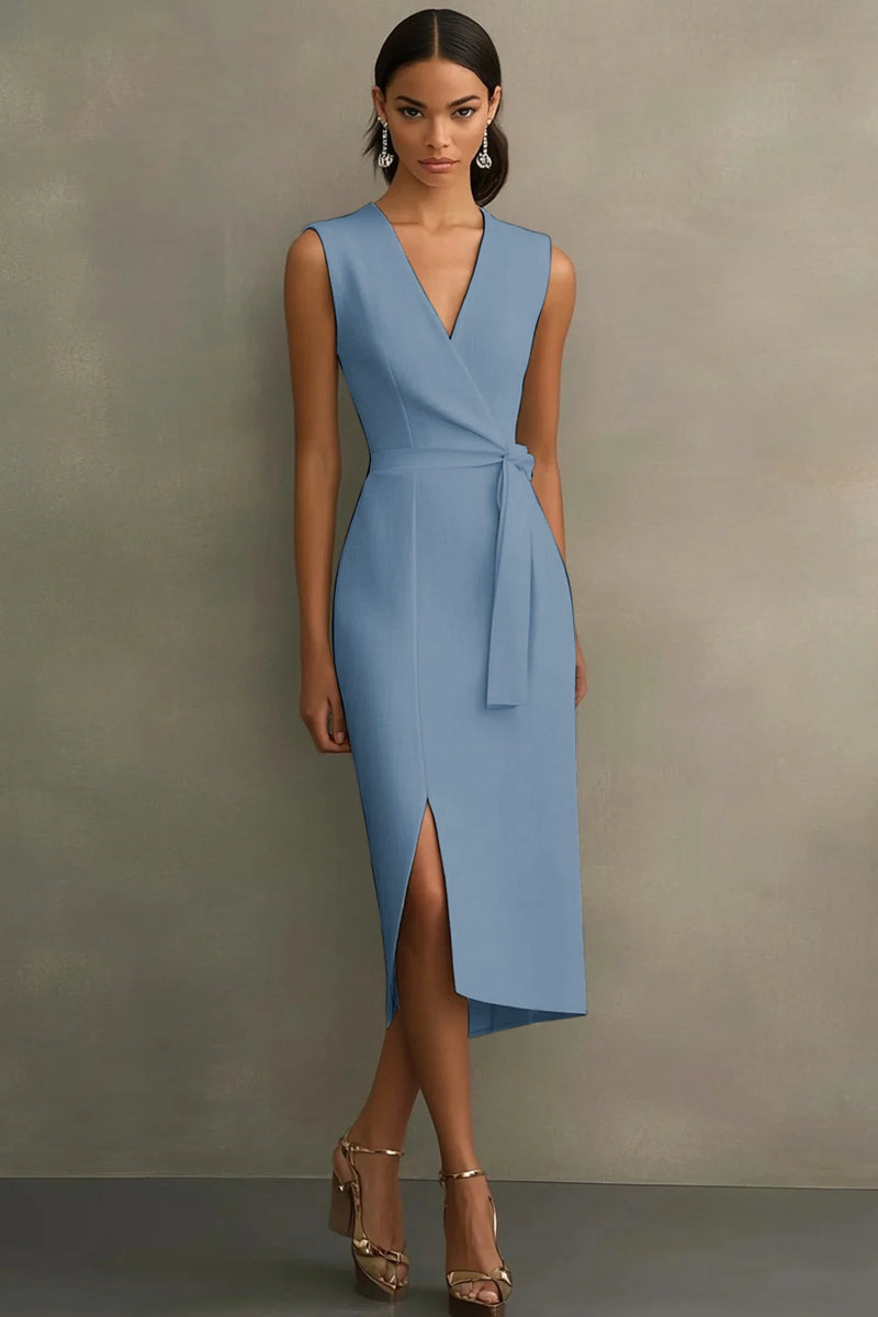 Laden Sie das Bild in den Galerie-Viewer, Weißes Satin Standesamtkleid mit V-Ausschnitt und Gürtel