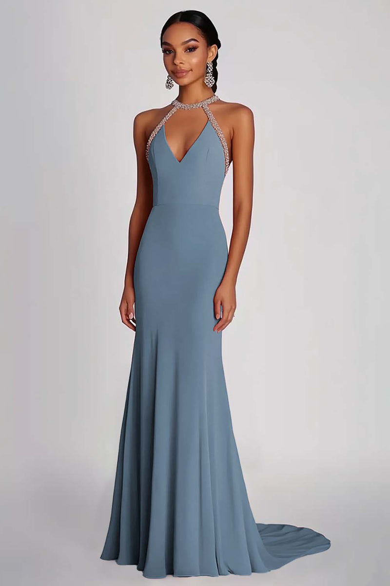 Laden Sie das Bild in den Galerie-Viewer, Etui Rosa Perlenbesetztes Neckholder Langes Ballkleid aus Chiffon