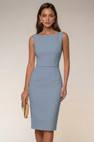 Laden Sie das Bild in den Galerie-Viewer, Elfenbeinfarbener Bodycon Bateau-Ausschnitt Midi-Arbeitskleid mit ärmellosem Kleid