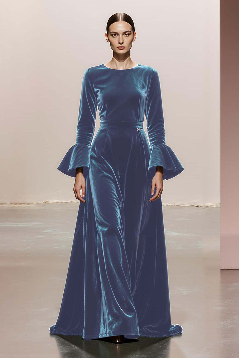 Laden Sie das Bild in den Galerie-Viewer, Dunkelgrünes A-Linie Rundhalsausschnitt Lange Ärmel Samt Ballkleider