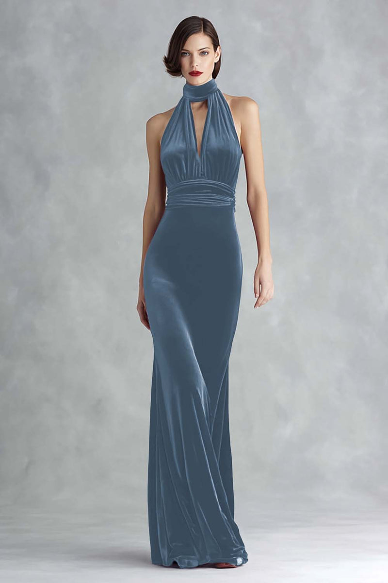 Laden Sie das Bild in den Galerie-Viewer, Burgunderrotes Samt Neckholder Schlüsselloch Langes Ballkleid