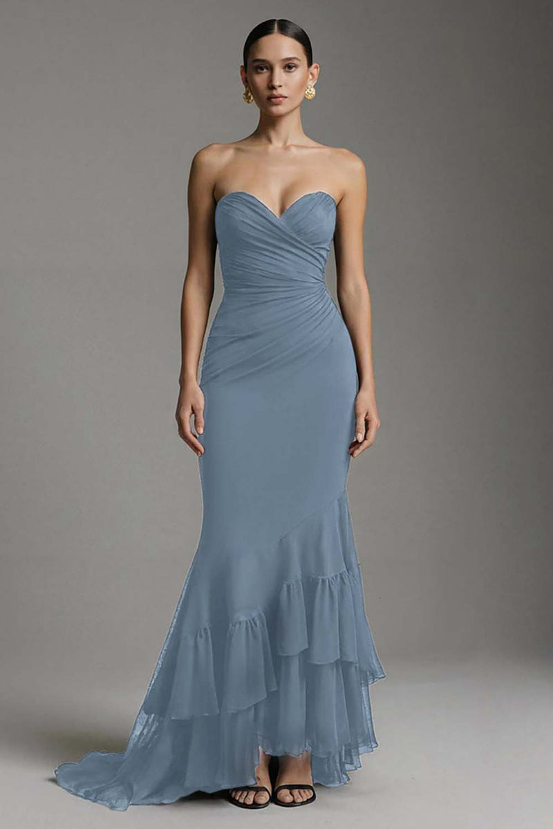 Laden Sie das Bild in den Galerie-Viewer, Schwarzes Herzausschnitt Mermaid Sweep Train Langes Ballkleid mit Rüschen