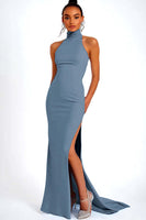 Laden Sie das Bild in den Galerie-Viewer, Himmelblaues Neckholder Satin Meerjungfrauen Ballkleid mit Schlitz