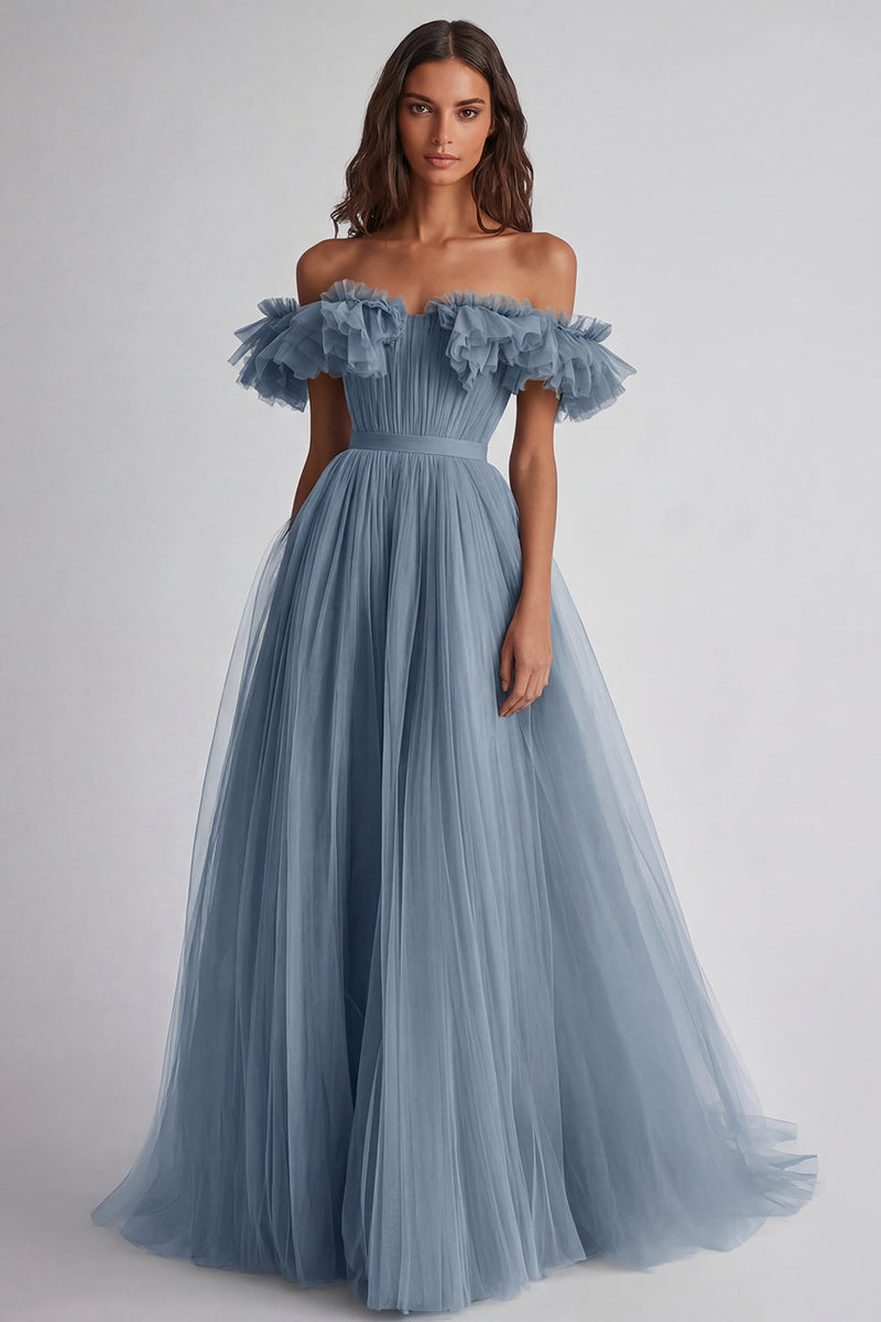Laden Sie das Bild in den Galerie-Viewer, Dusty Sage Schulterfreies Rüschen A Linie Abendkleid