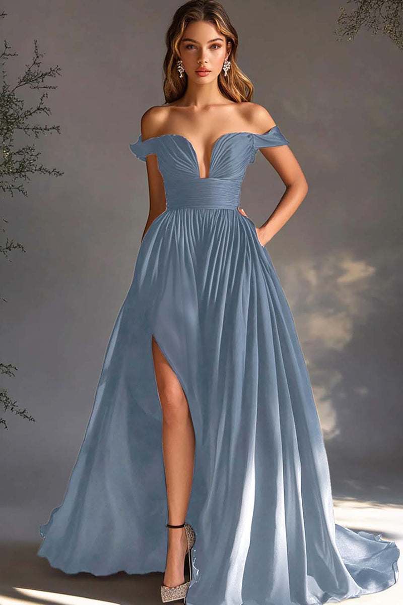 Laden Sie das Bild in den Galerie-Viewer, Schwarzes schulterfreies A-Linie Chiffon Ballkleid