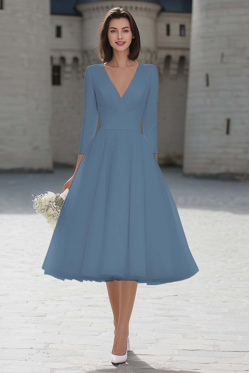 Laden Sie das Bild in den Galerie-Viewer, A-Linie Elfenbein Midi Standesamtkleid mit V-Ausschnitt