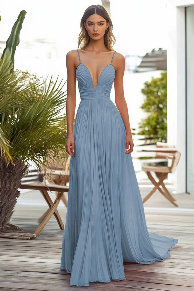 Laden Sie das Bild in den Galerie-Viewer, Rosa A-Linie Plissee Langes Hochzeitsgastkleid